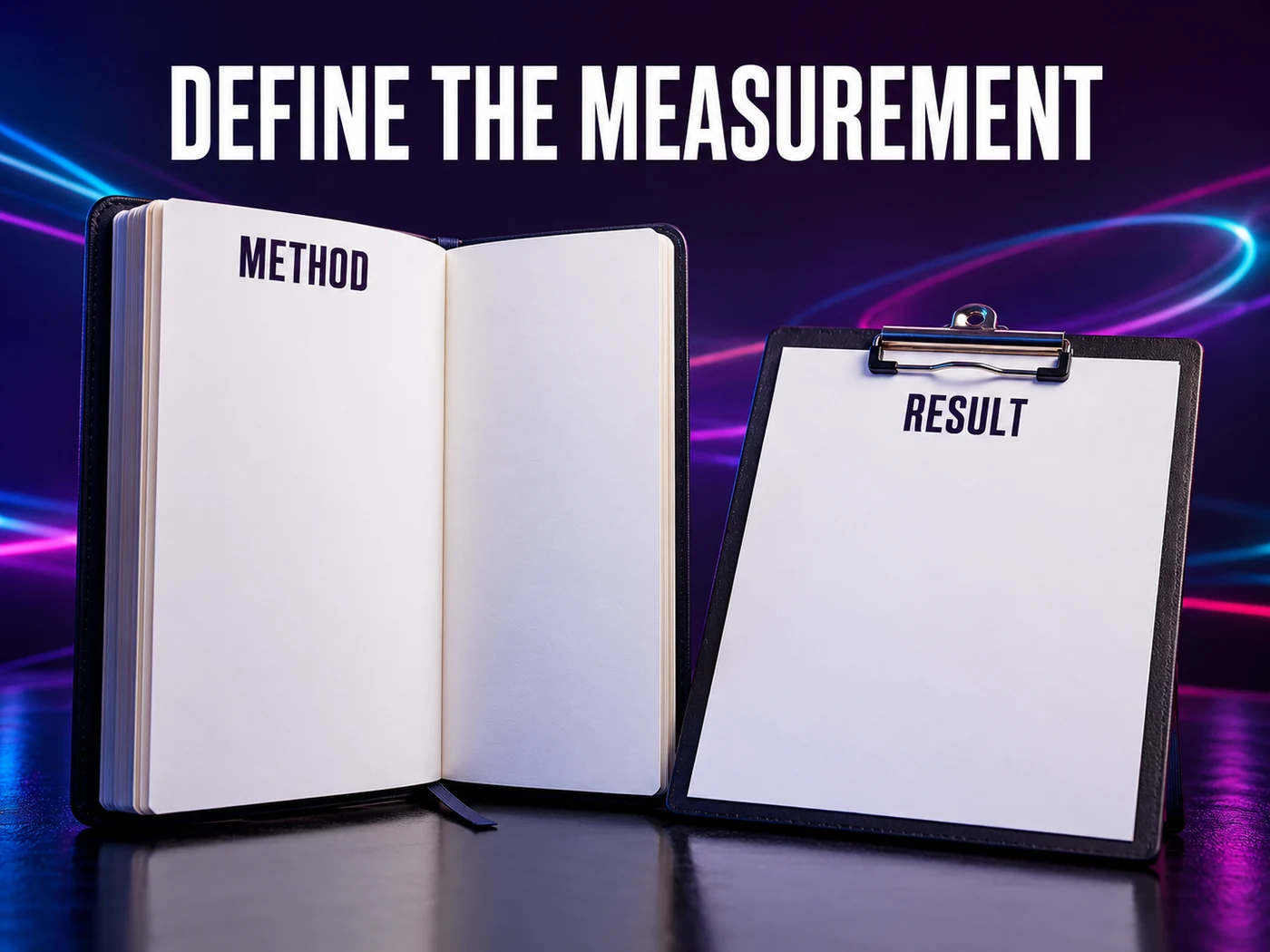 Conceptual blank folders labeled Method and Result distinguish measurement basis from conclusions.