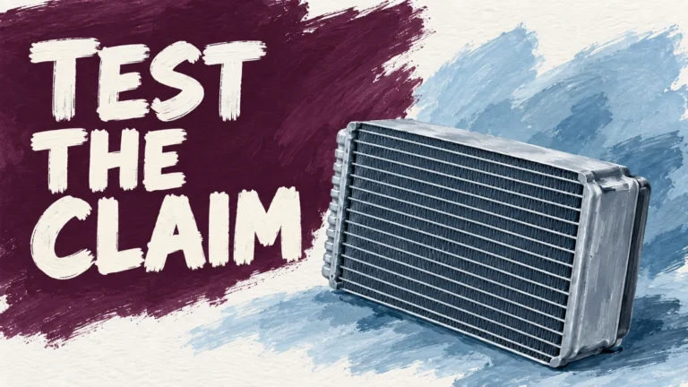 Plum and ice blue gouache editorial illustration of a generic evaporator core beneath TEST THE CLAIM.
