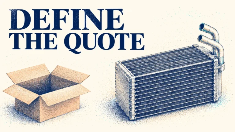 Pointillist generic evaporator core and empty carton beneath DEFINE THE QUOTE.