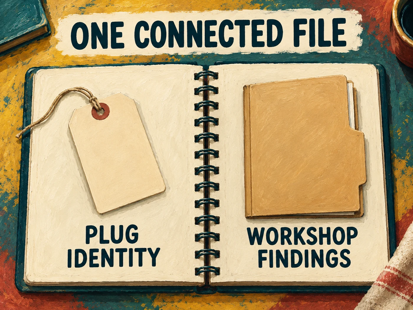 A gouache case-file illustration places a plug identity tag and workshop report beside separate blank pages to emphasize keeping their records connected.