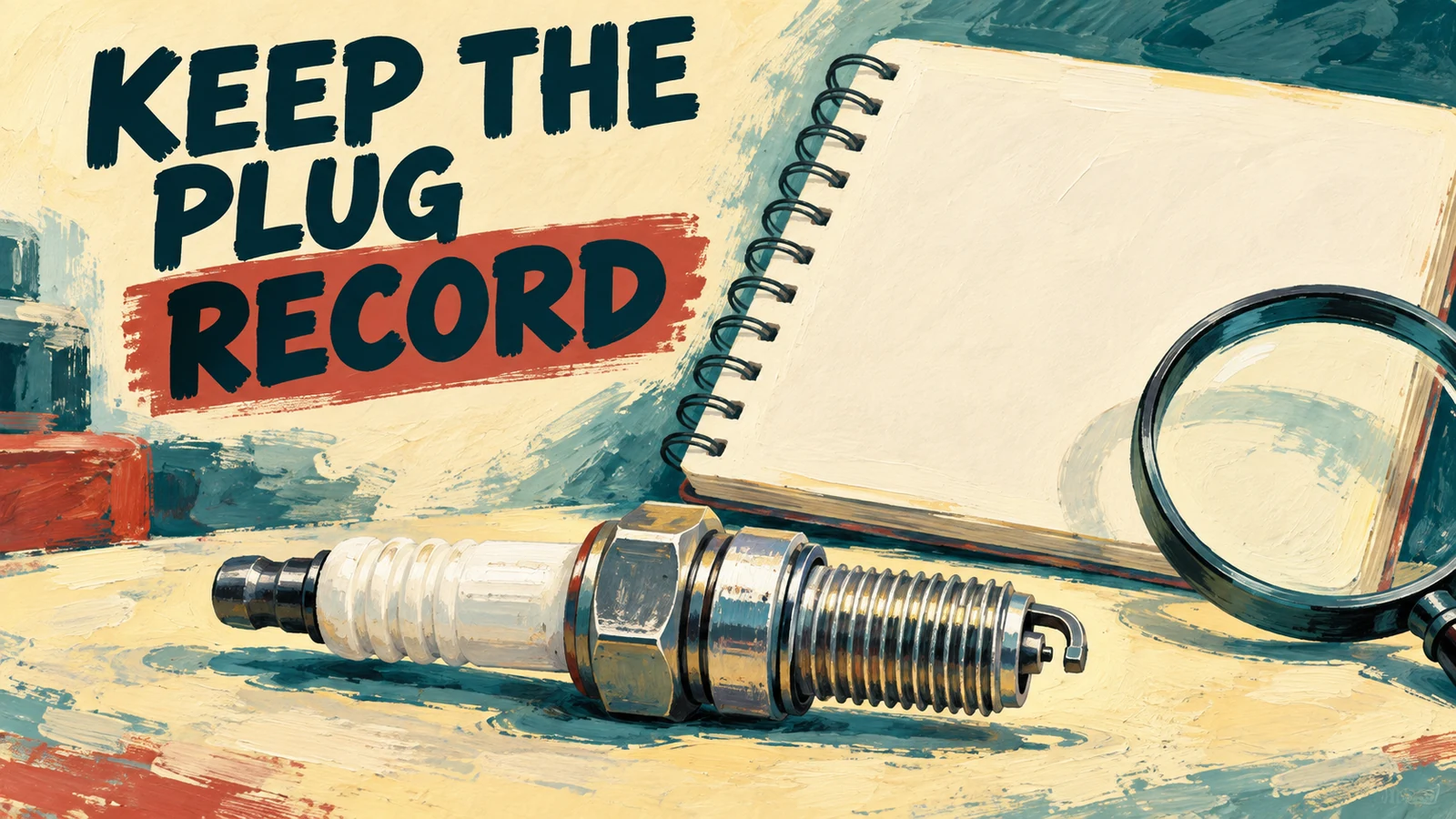 A gouache cover pairs a generic clean spark plug with blank notebook and KEEP THE PLUG RECORD.