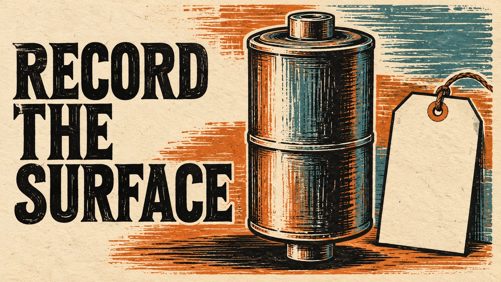 Conceptual woodcut fuel-filter exterior beside a blank lot tag.