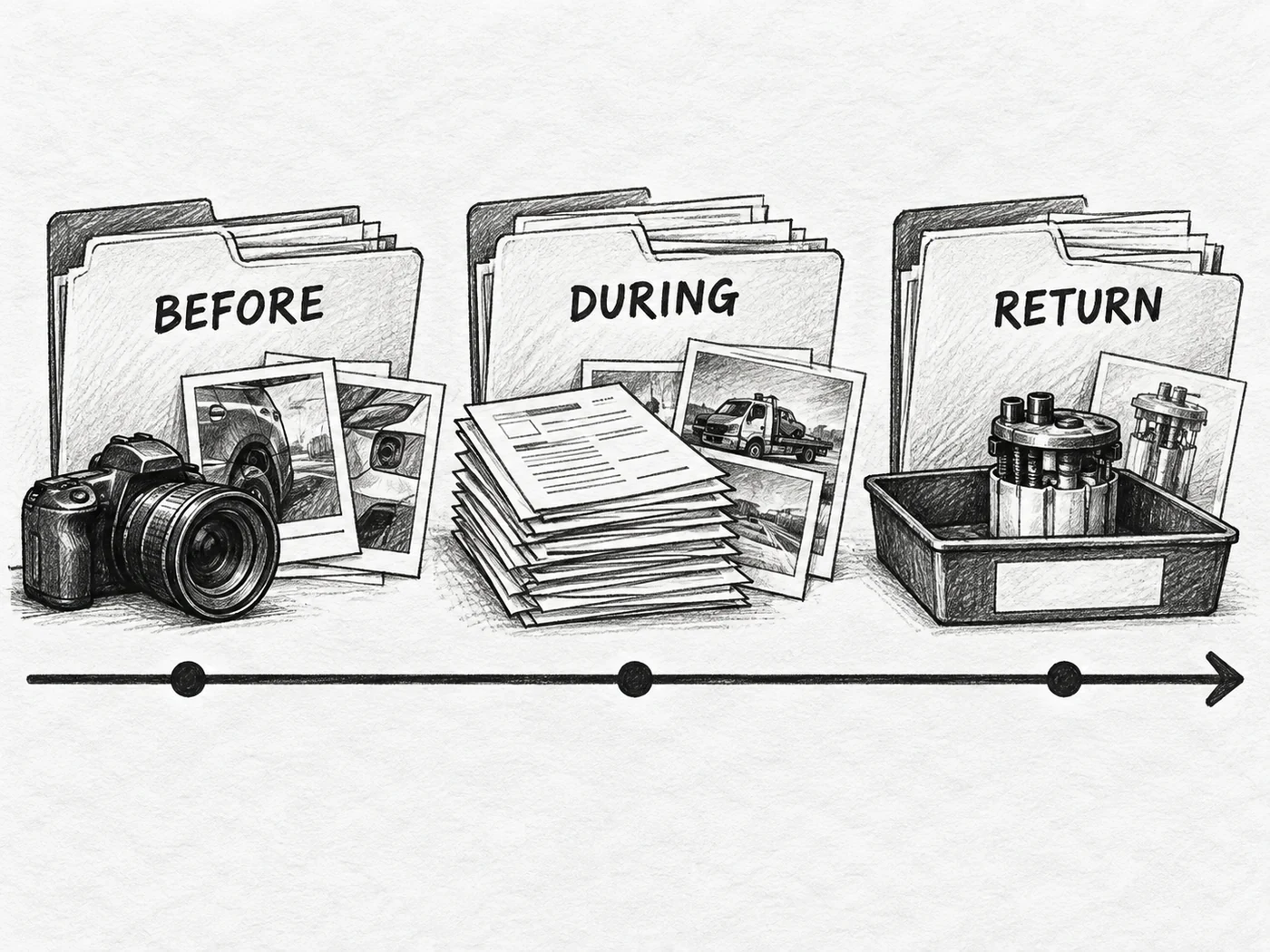 Black and white charcoal record timeline with folders labeled BEFORE, DURING and RETURN and a generic pump in a return tray.