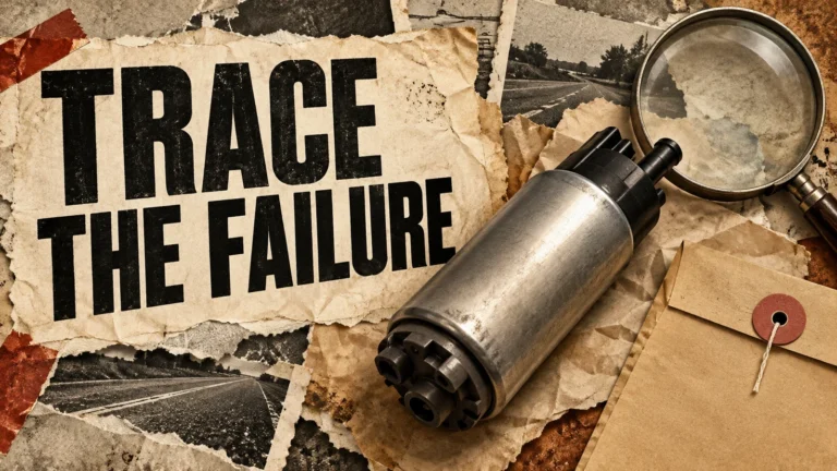 Sepia case-file collage with a generic fuel pump, magnifying glass, envelope and TRACE THE FAILURE headline.