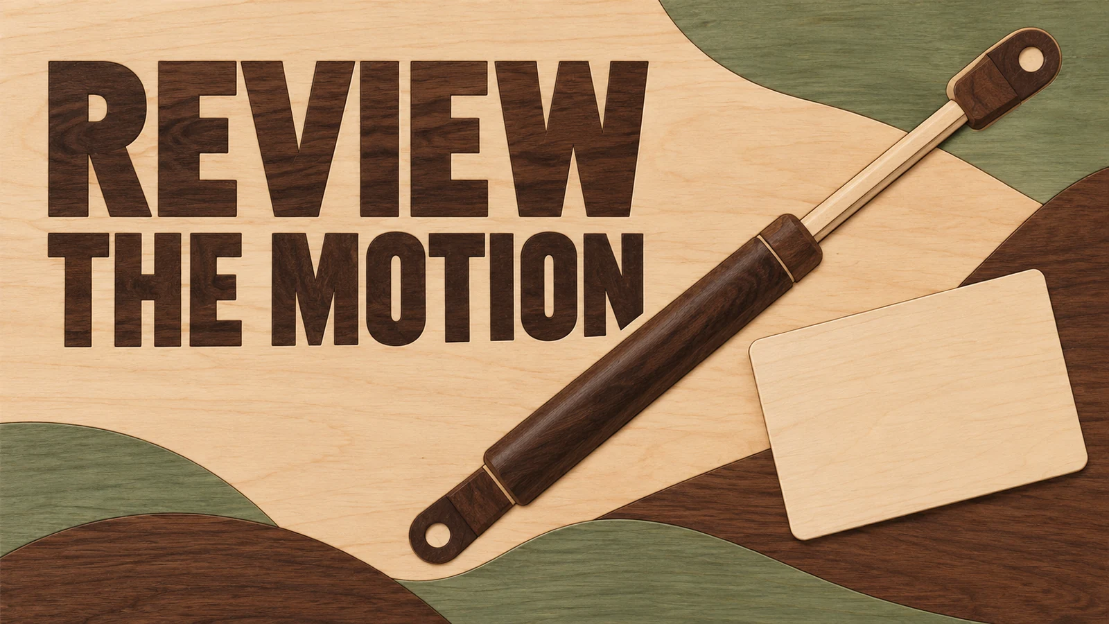 Wood marquetry generic detached gas strut and blank observation card accompany REVIEW THE MOTION.