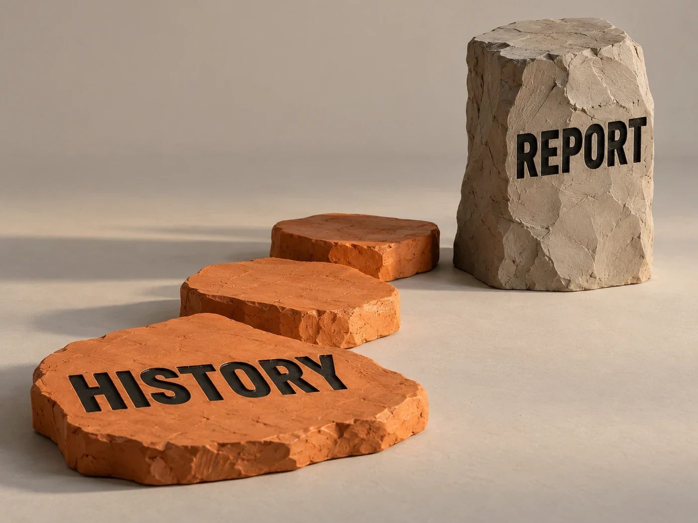 Warm grey and orange editorial clay scene with irregular HISTORY stepping tiles beside a taller REPORT column, representing service records and an examination report without test data.