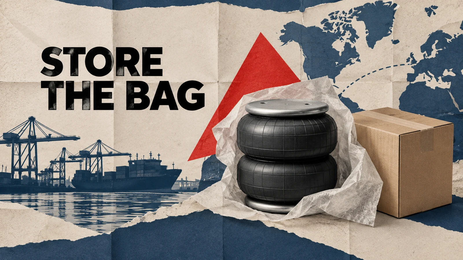 Editorial conceptual scene about automotive air spring bag bulk order packaging.