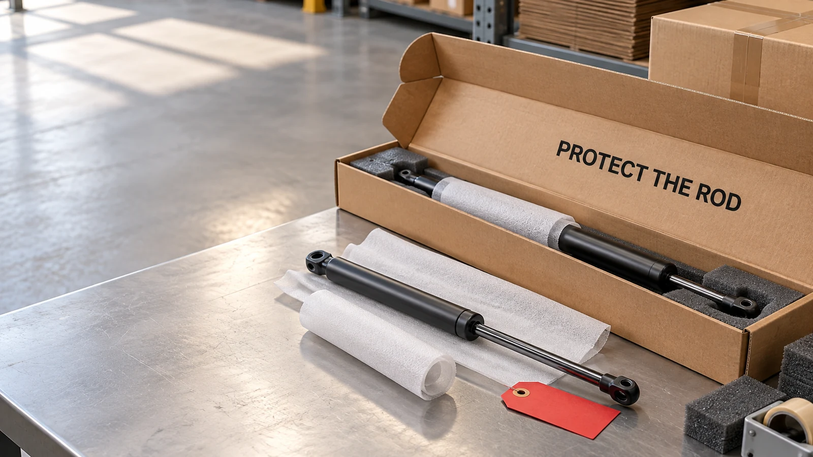 Editorial conceptual scene about automotive gas strut bulk order packaging.