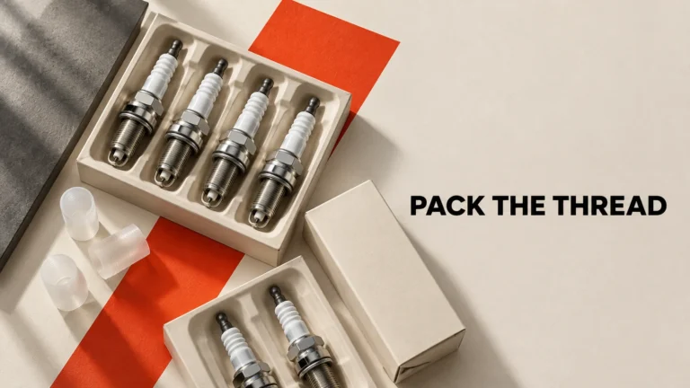 Editorial conceptual scene about automotive spark plug bulk order packaging.