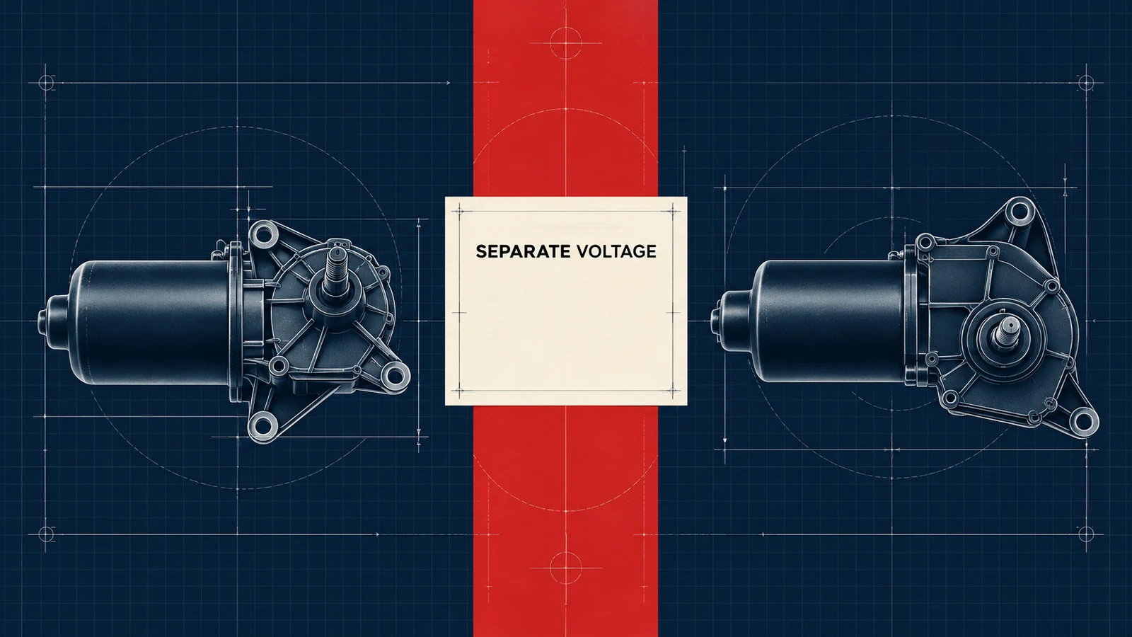 Editorial conceptual scene about 12V versus 24V wiper motor selection.