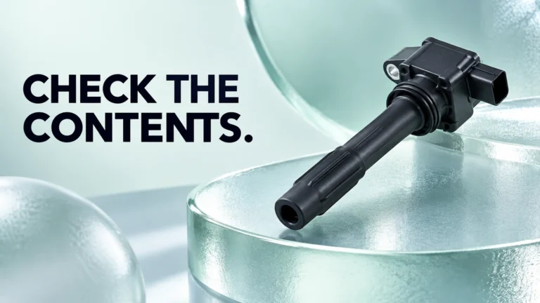 Mint frosted-glass editorial cover with a generic uninstalled ignition coil and CHECK THE CONTENTS.