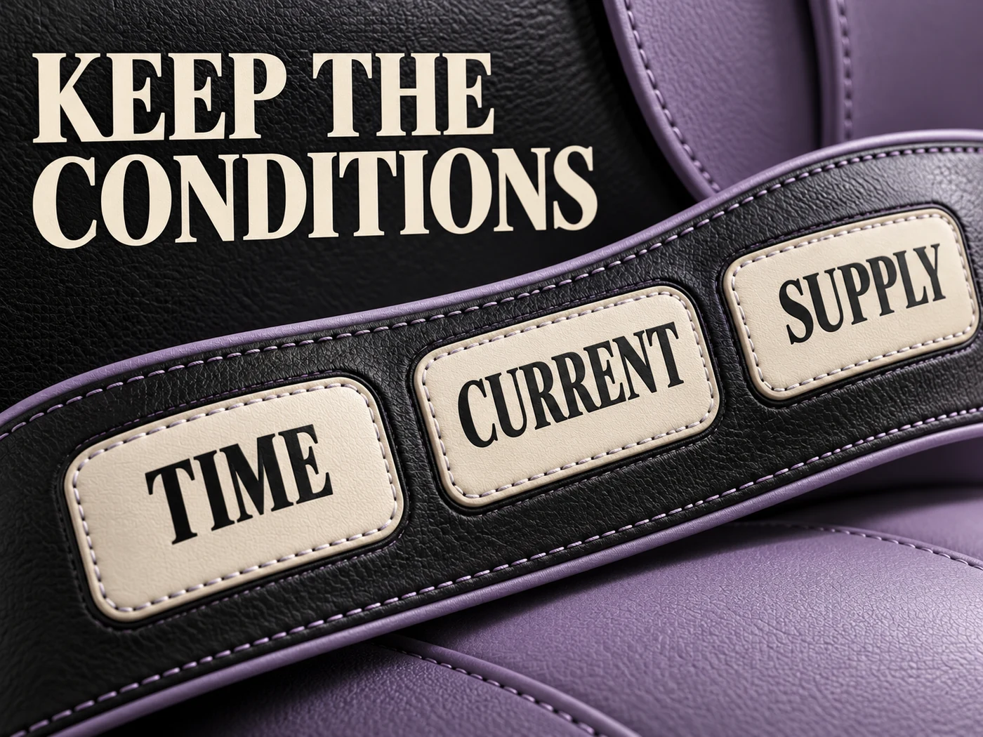 Lavender and black embossed leather tabs distinguish Time, Current and Supply beneath Keep the Conditions.
