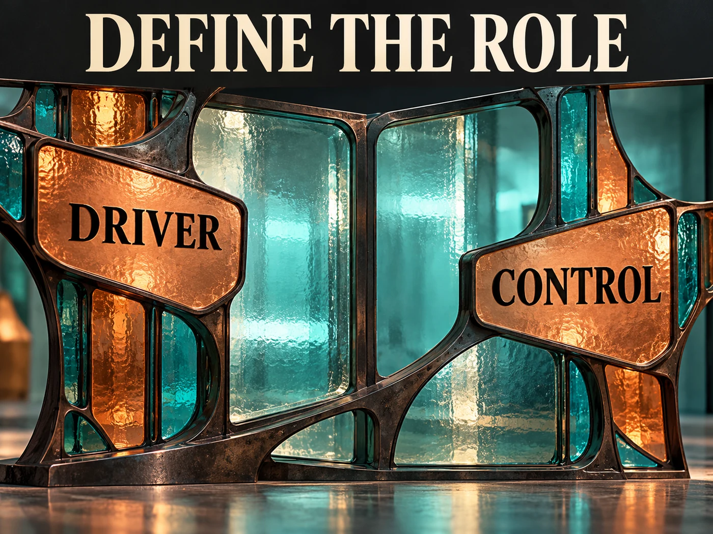Copper and teal stained-glass frame carries Driver and Control labels beneath Define the Role.