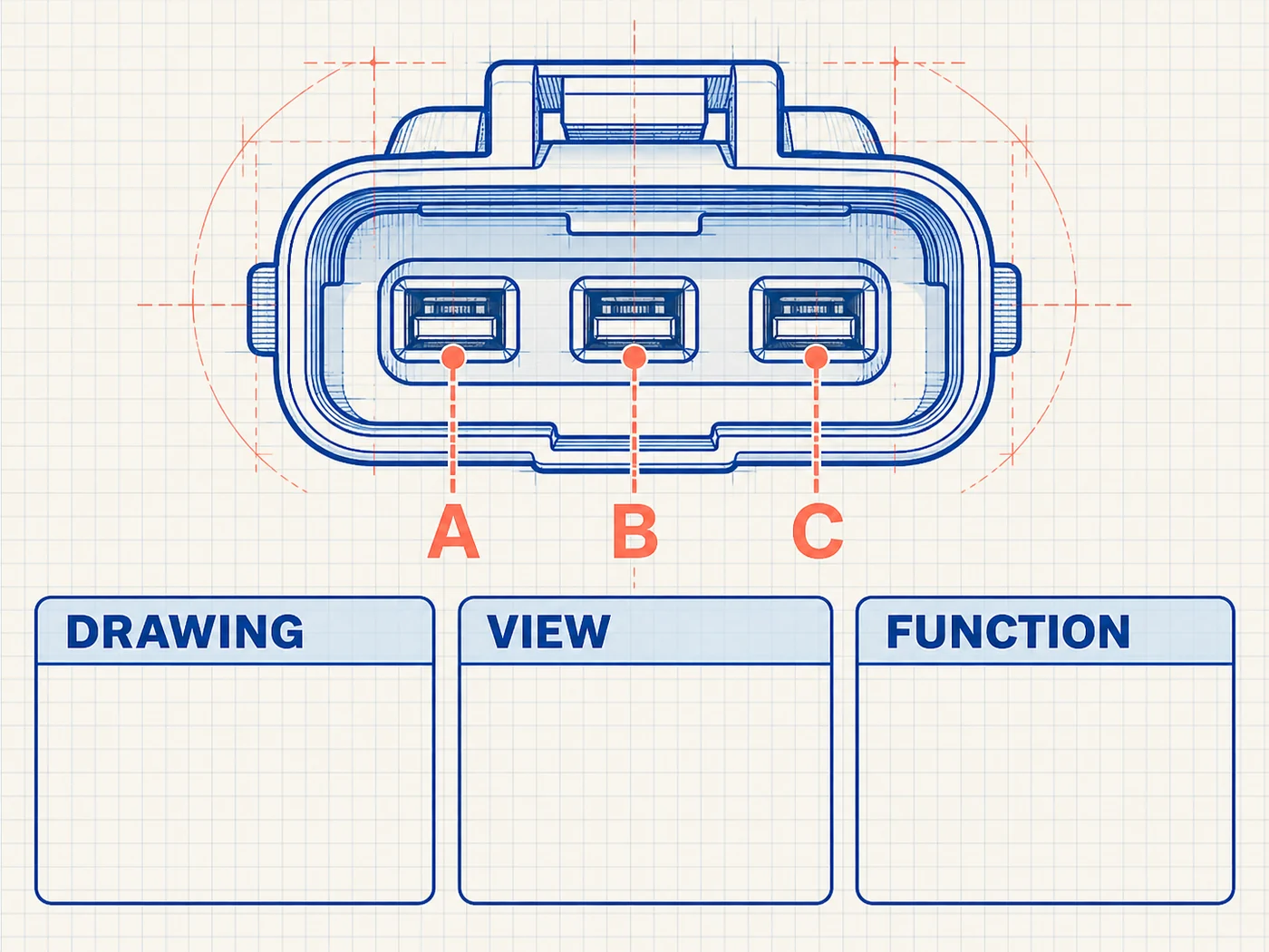 Blue schematic of a generic three-cavity connector with A, B and C markers and empty Drawing, View and Function fields.