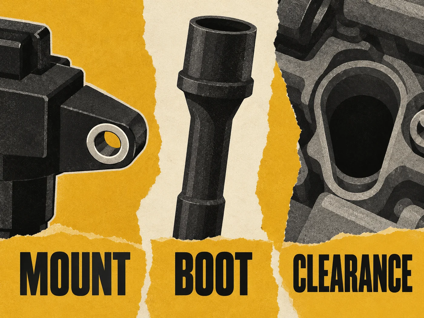 Yellow and charcoal collage of a mounting tab, rubber boot and engine well labeled MOUNT, BOOT and CLEARANCE.