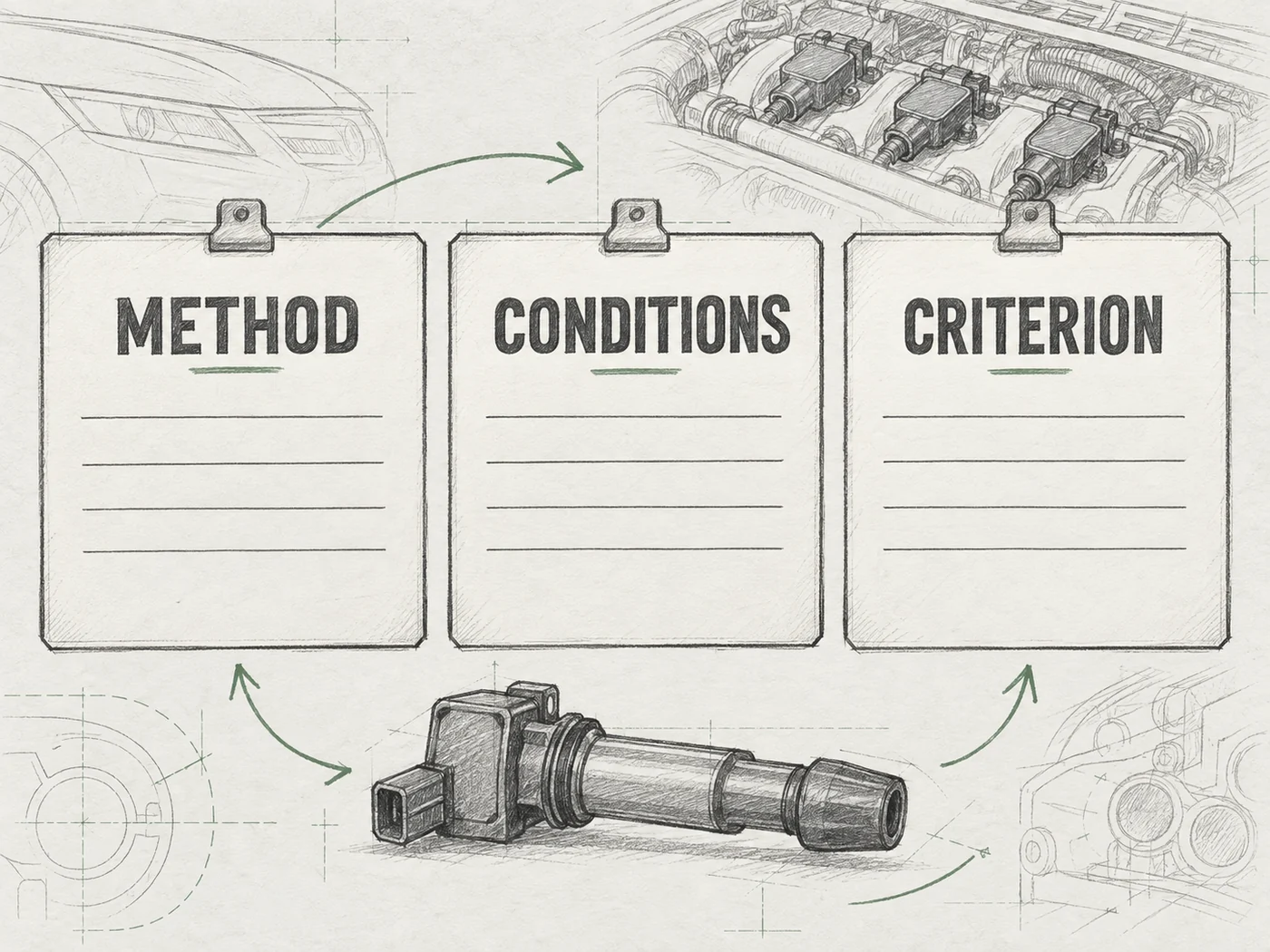 Graphite notebook drawing of a generic coil and three blank cards labeled METHOD, CONDITIONS and CRITERION.