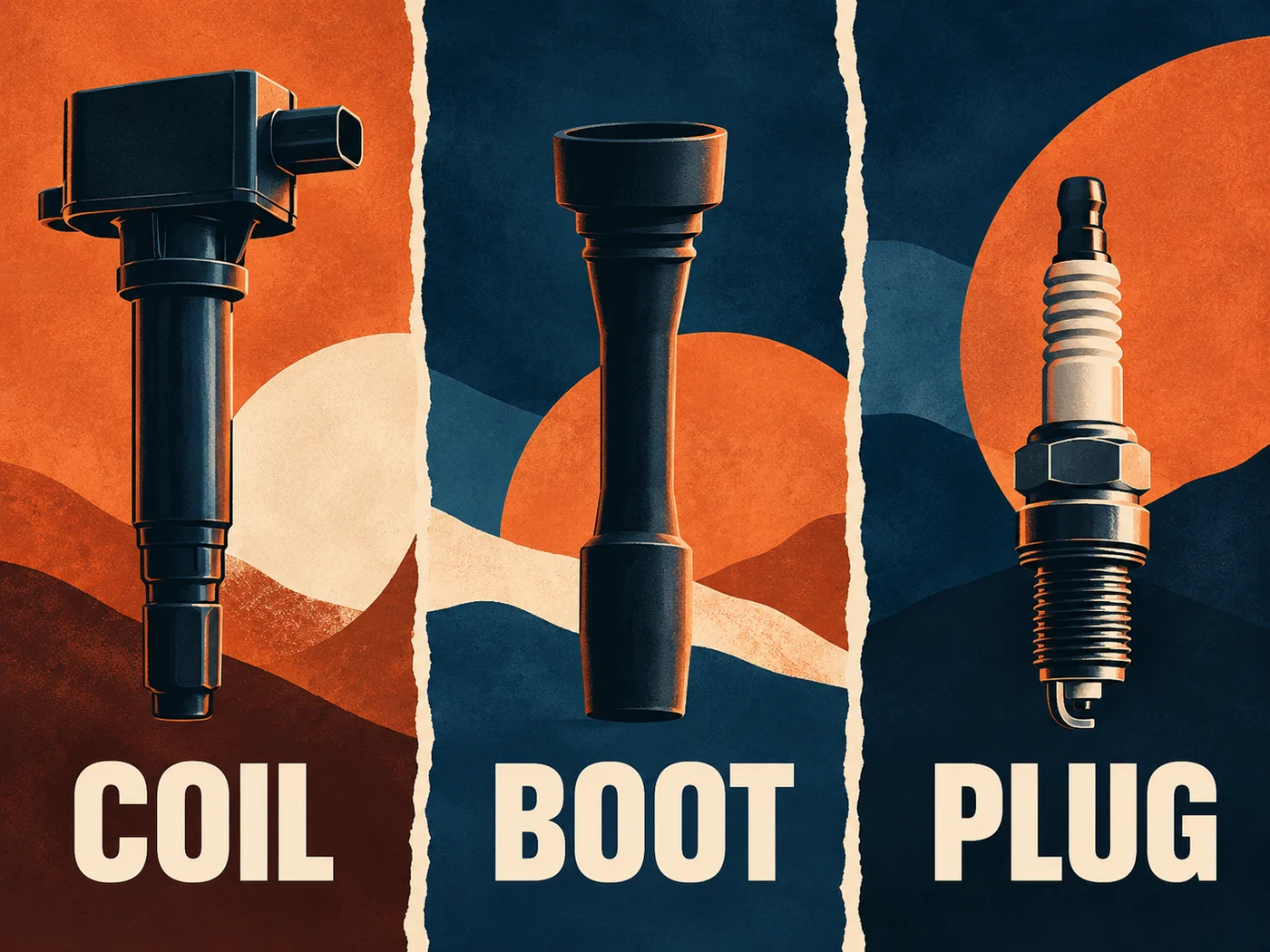 Terracotta and midnight blue editorial print separating generic coil, boot and spark plug silhouettes.