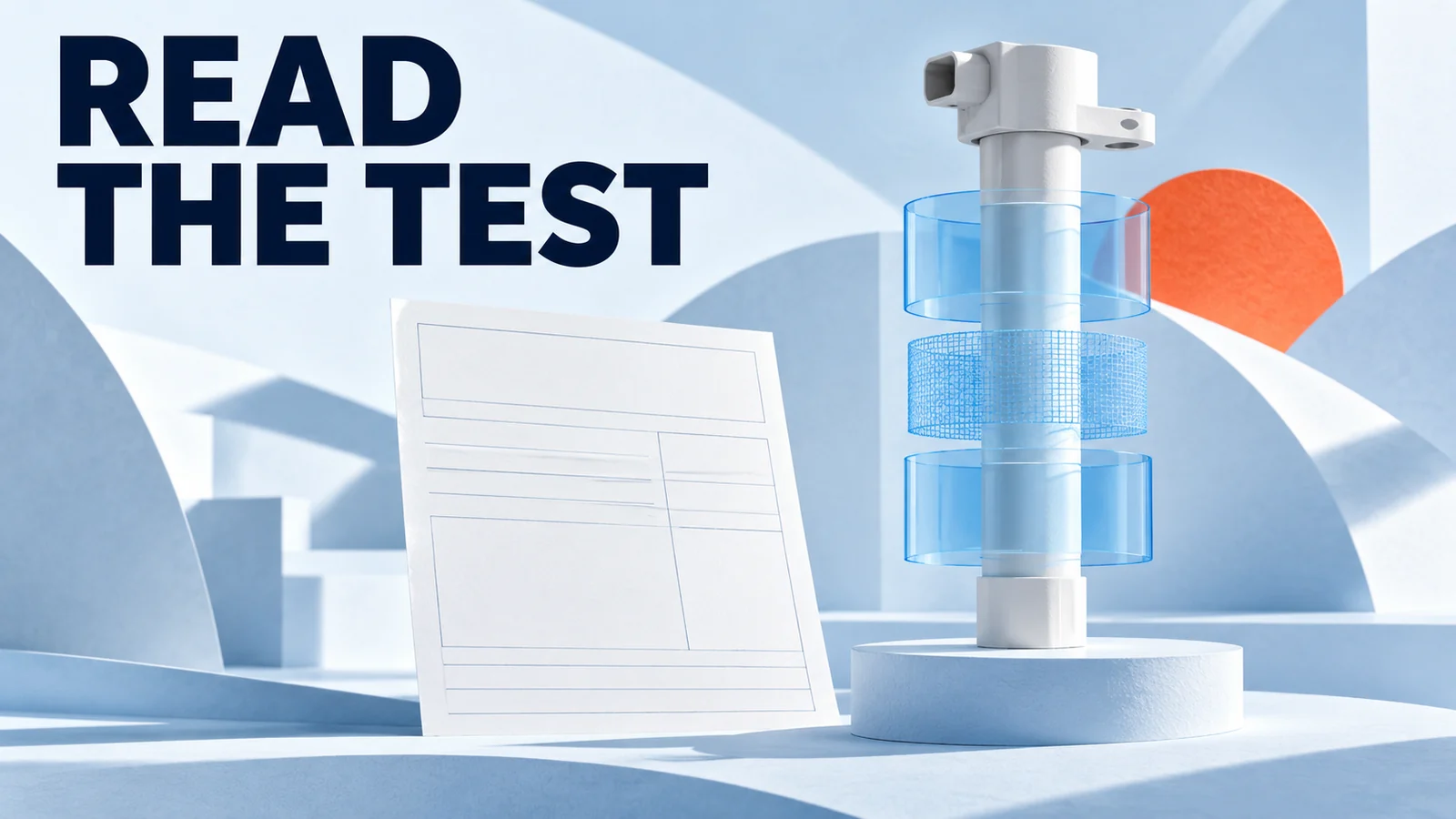 Pale blue sculptural poster with white generic ignition coil, transparent layers, blank report sheet and READ THE TEST title.