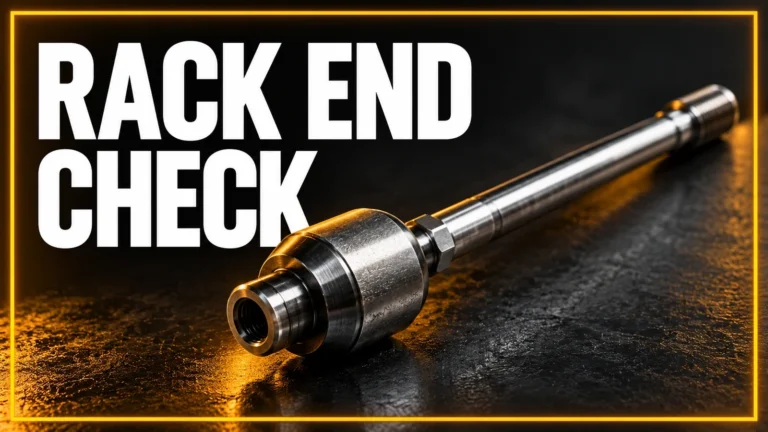 Amber edge-lit generic axial tie rod on a dark graphite surface with RACK END CHECK headline.