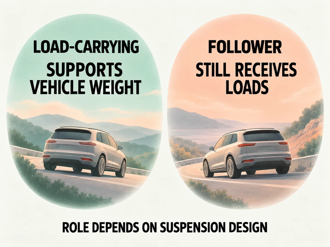 Mint and peach glossary panels explain that load-carrying joints support vehicle weight and follower joints still receive loads, with role depending on suspension design.