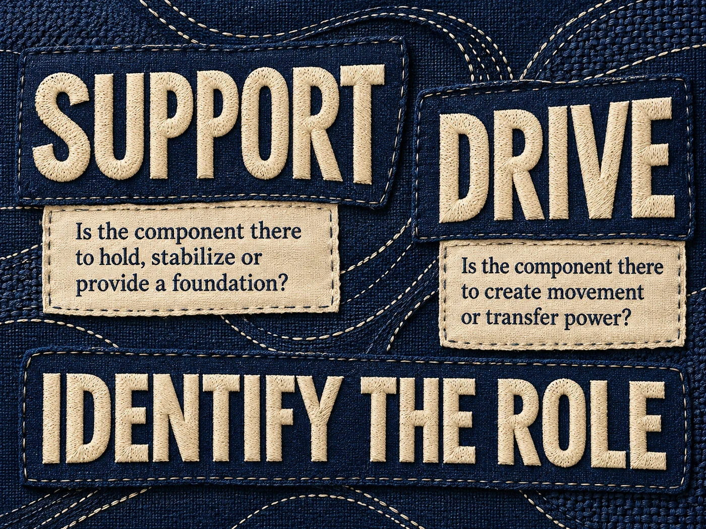 Indigo woven editorial panels showing SUPPORT and DRIVE as two identification questions, not a vehicle system diagram.
