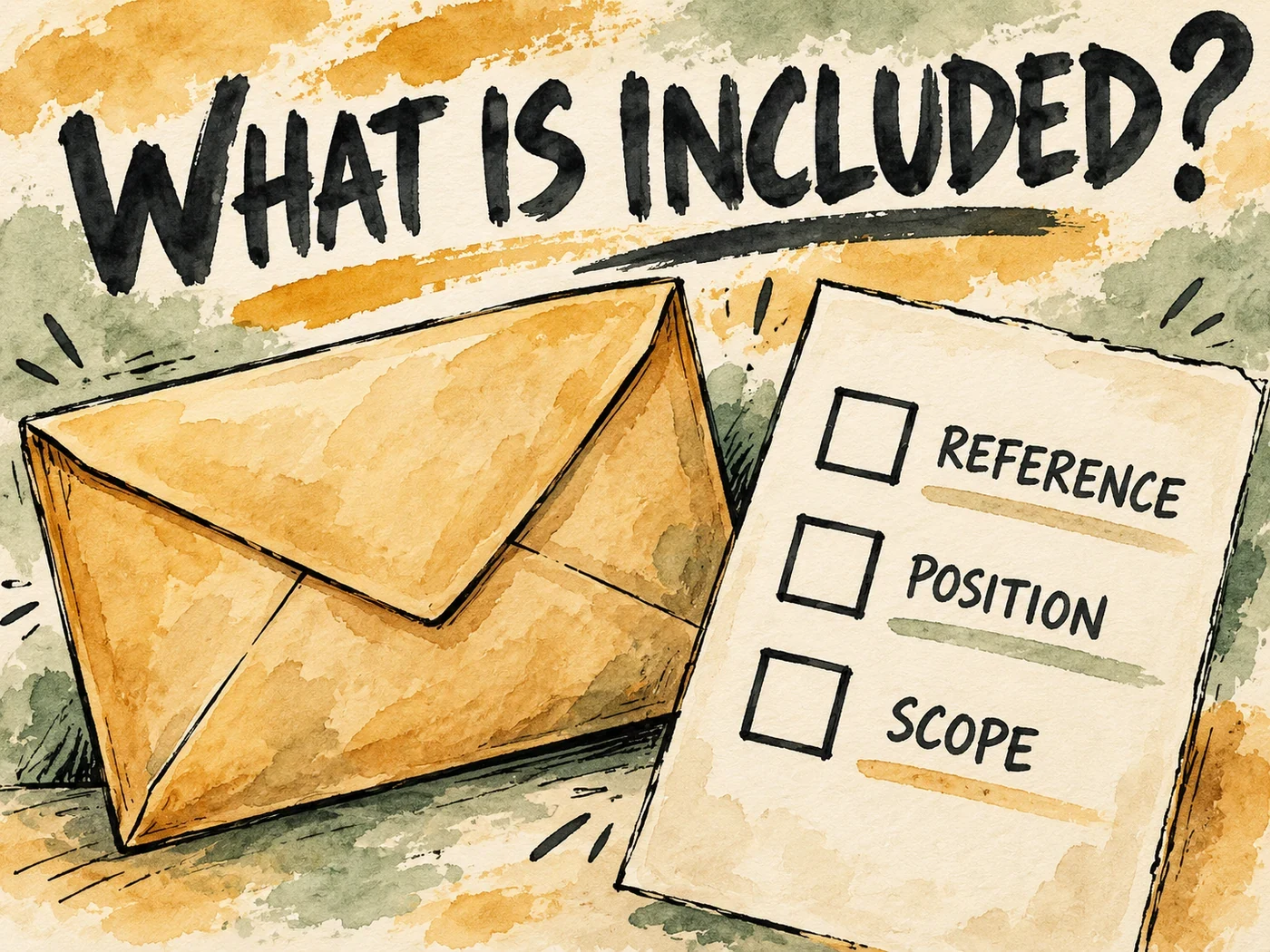 Ochre ink and watercolor drawing of a purchase envelope and separate scope checklist labeled WHAT IS INCLUDED, with no part specifications.