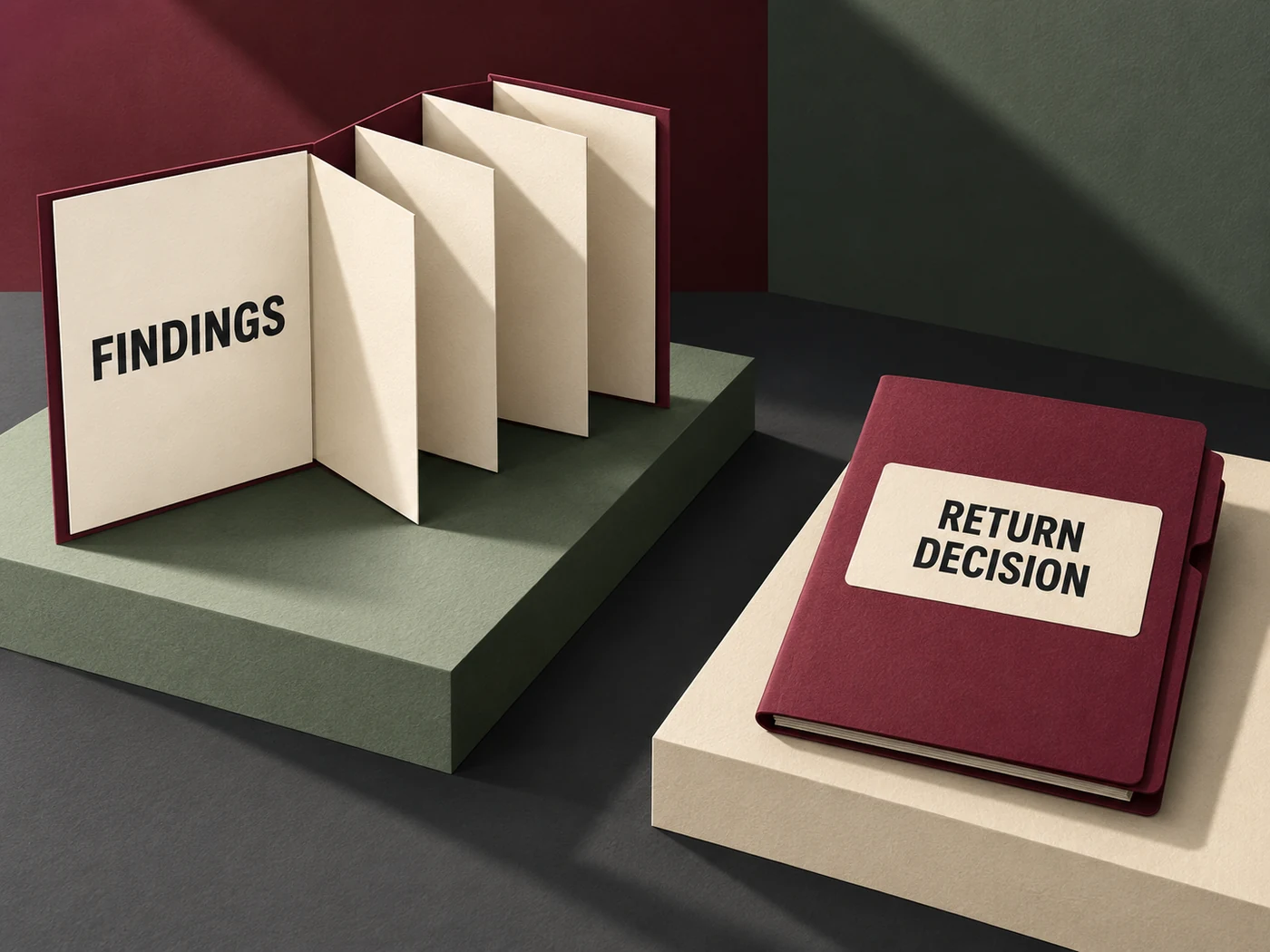 Dimensional paper illustration places an open findings booklet apart from a closed return-decision folder, distinguishing a workshop assessment from a supplier's commercial decision.
