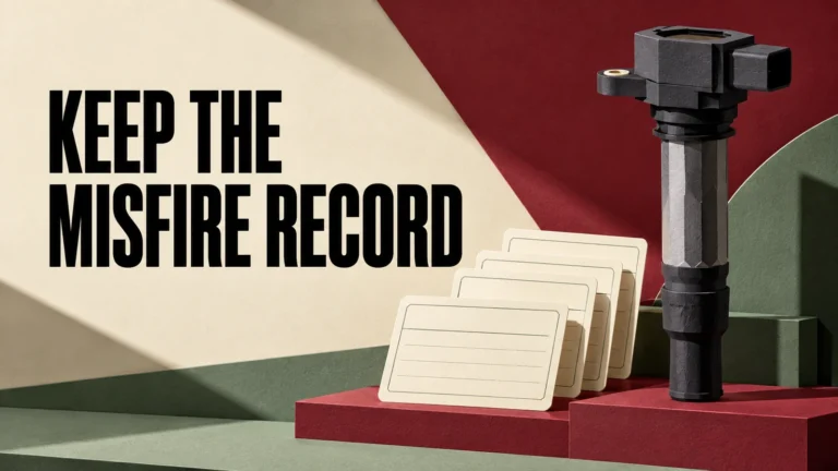 Cut-paper editorial cover with an upright generic ignition coil, blank cards and KEEP THE MISFIRE RECORD.