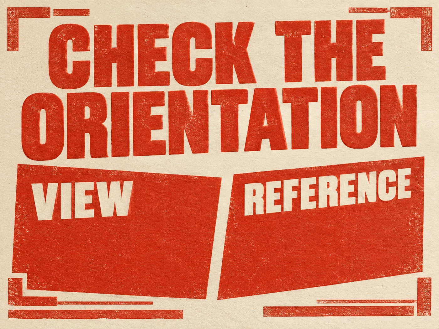 Warm cream and vermilion letterpress editorial page with large VIEW and REFERENCE labels and CHECK THE ORIENTATION headline; no numbered coil or wiring diagram.