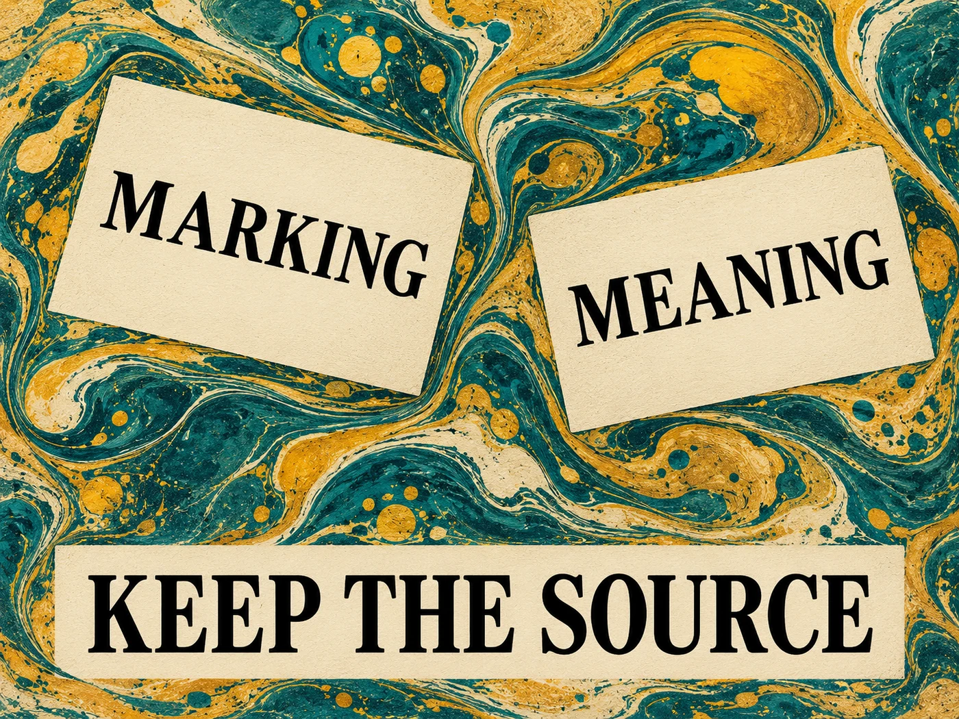 Teal and goldenrod paper marbling illustration of separate marking and meaning cards under KEEP THE SOURCE, with no tower assignment or pinout.