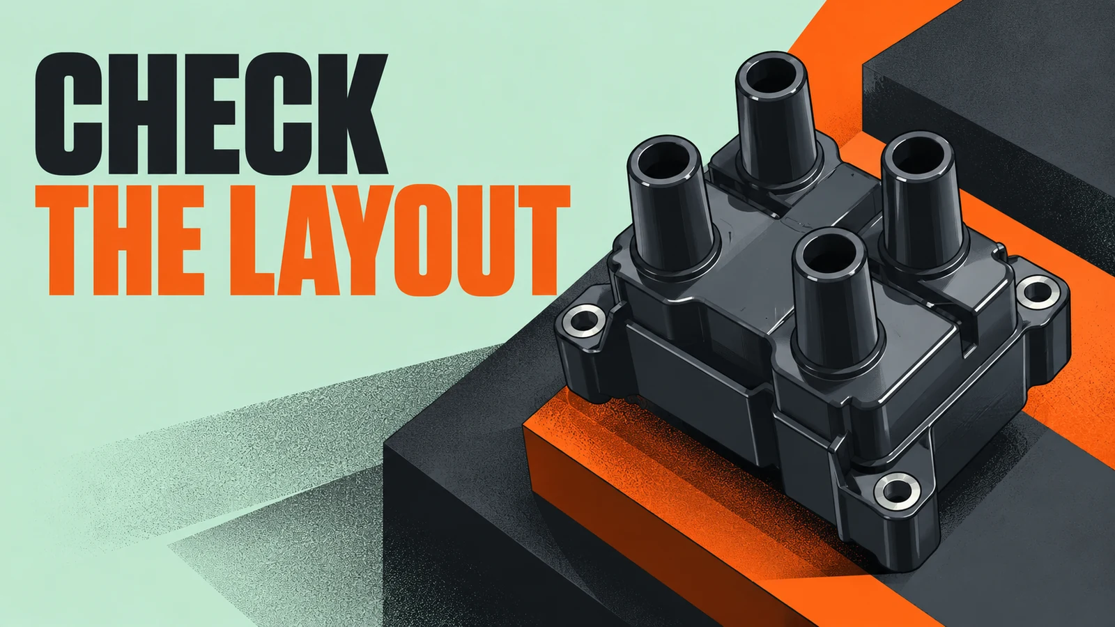 Charcoal mint orange cel-shaded editorial illustration of a generic multi-tower coil block on staggered platforms with CHECK THE LAYOUT headline.
