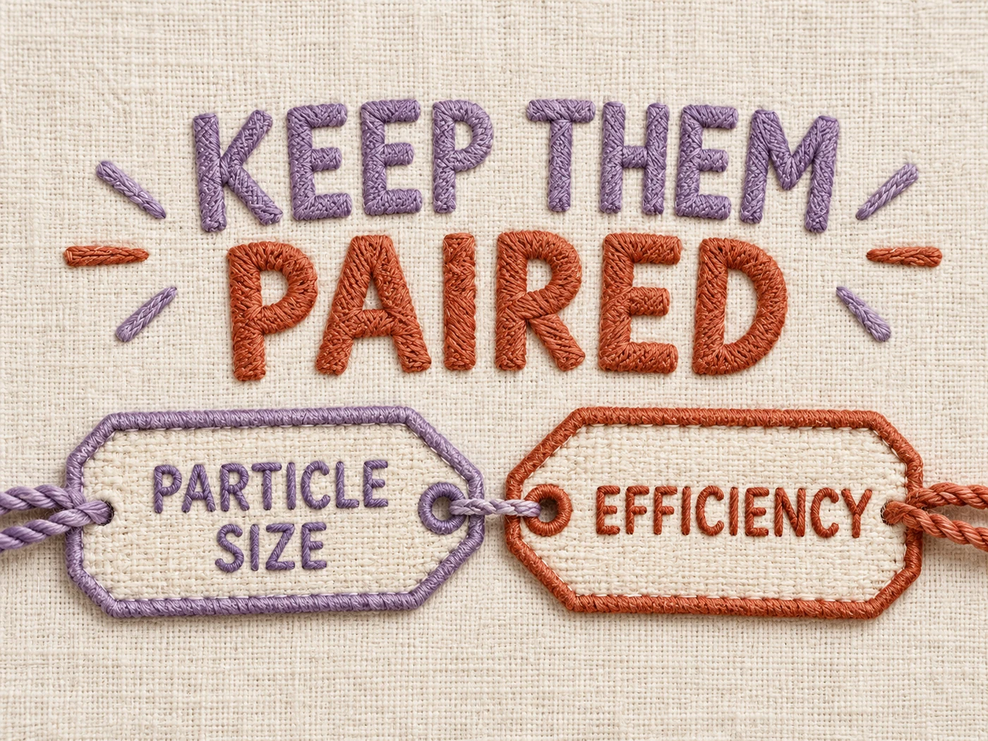 Lilac and terracotta embroidery connects tags labelled Particle Size and Efficiency beneath Keep Them Paired.