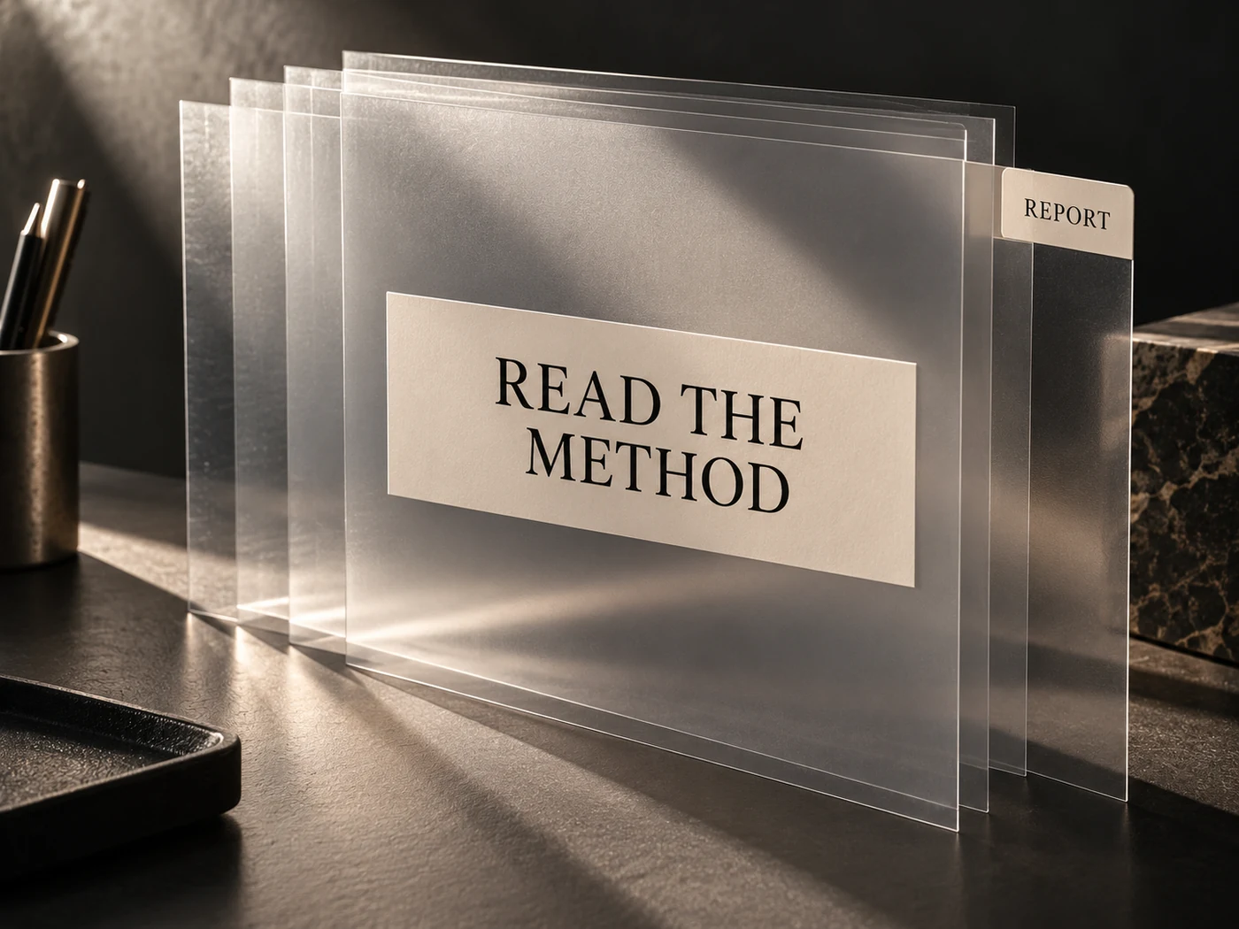Warm silver acetate report sheets on charcoal desk beneath Read the Method.