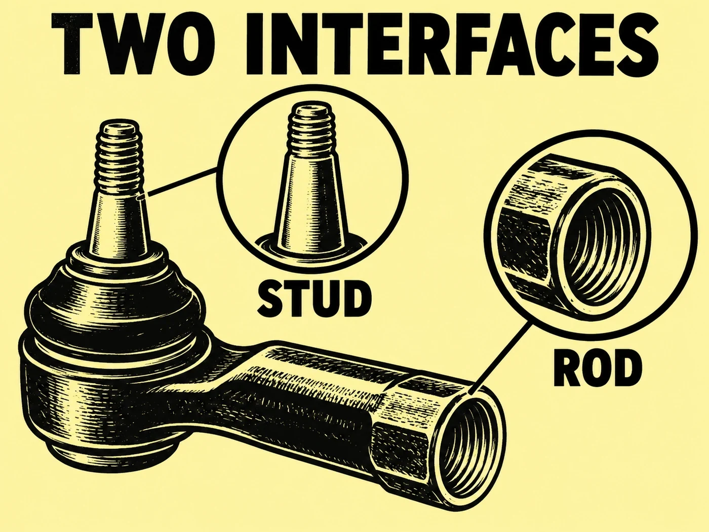Pale yellow and black conceptual linocut showing a generic outer tie rod end and separate STUD and ROD interface details under TWO INTERFACES.
