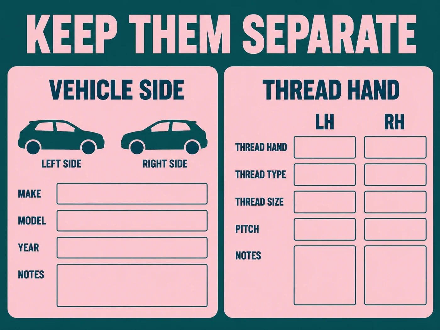 Pink and dark teal record cards labeled VEHICLE SIDE and THREAD HAND under KEEP THEM SEPARATE, with independent position and LH/RH document fields.