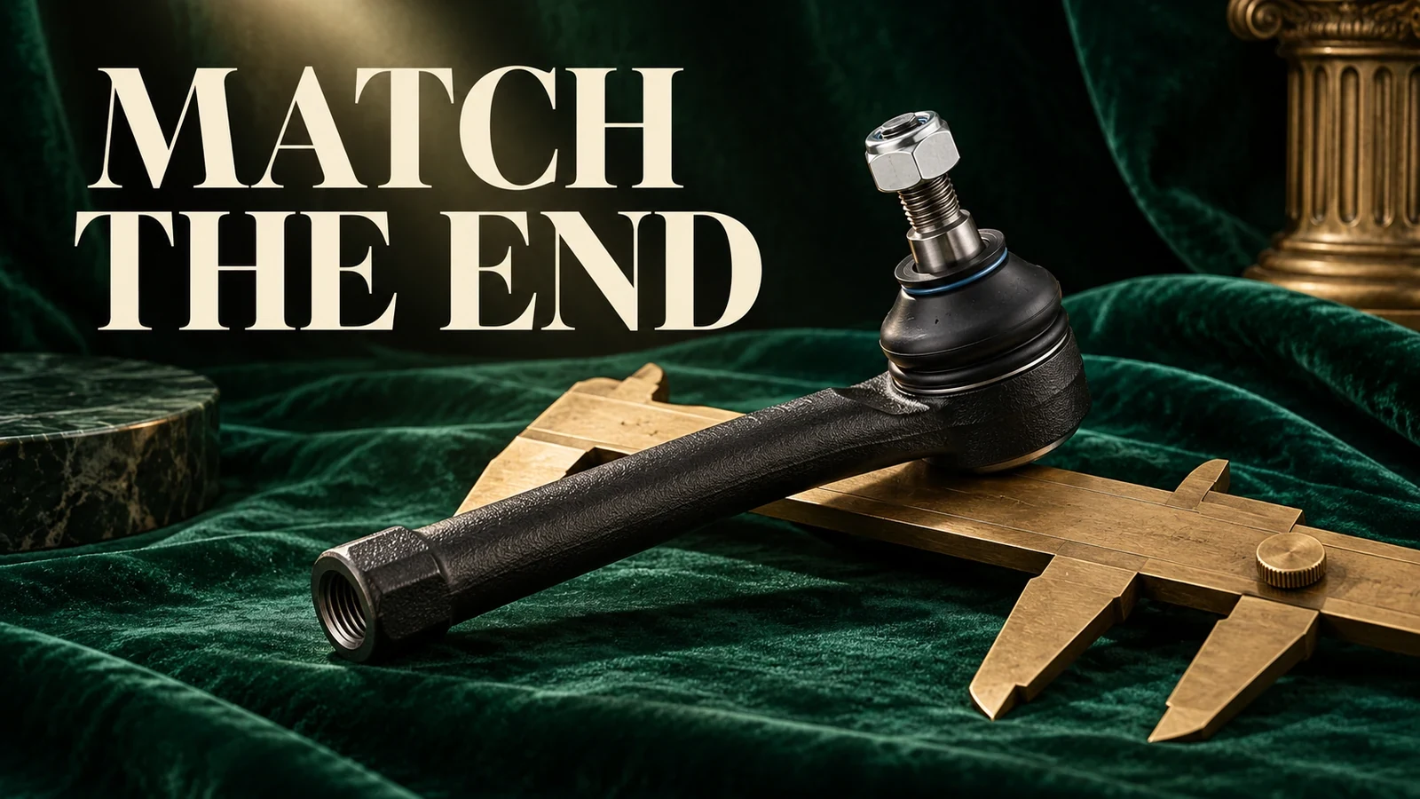 Generic outer tie rod end on emerald velvet with blank brass caliper and MATCH THE END headline.