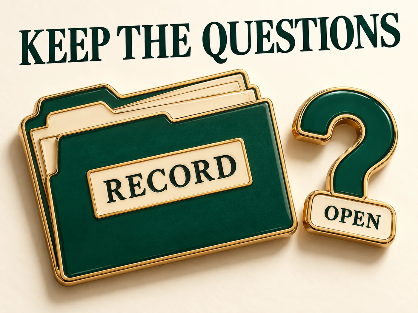 Emerald and cream enamel-pin editorial artwork of a case folder and a question tab labelled RECORD and OPEN under KEEP THE QUESTIONS; no diagnosis or approval symbol.