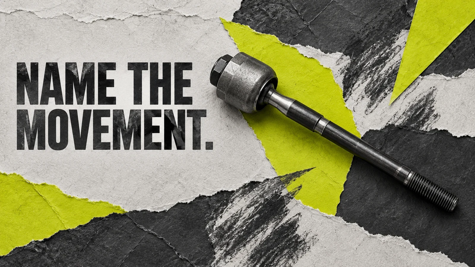 Chartreuse and graphite torn-paper editorial cover with a generic uninstalled rack end and NAME THE MOVEMENT.