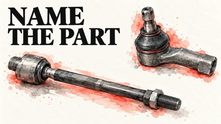Slate grey and coral pen-and-wash illustration of two separate generic steering components beneath NAME THE PART.