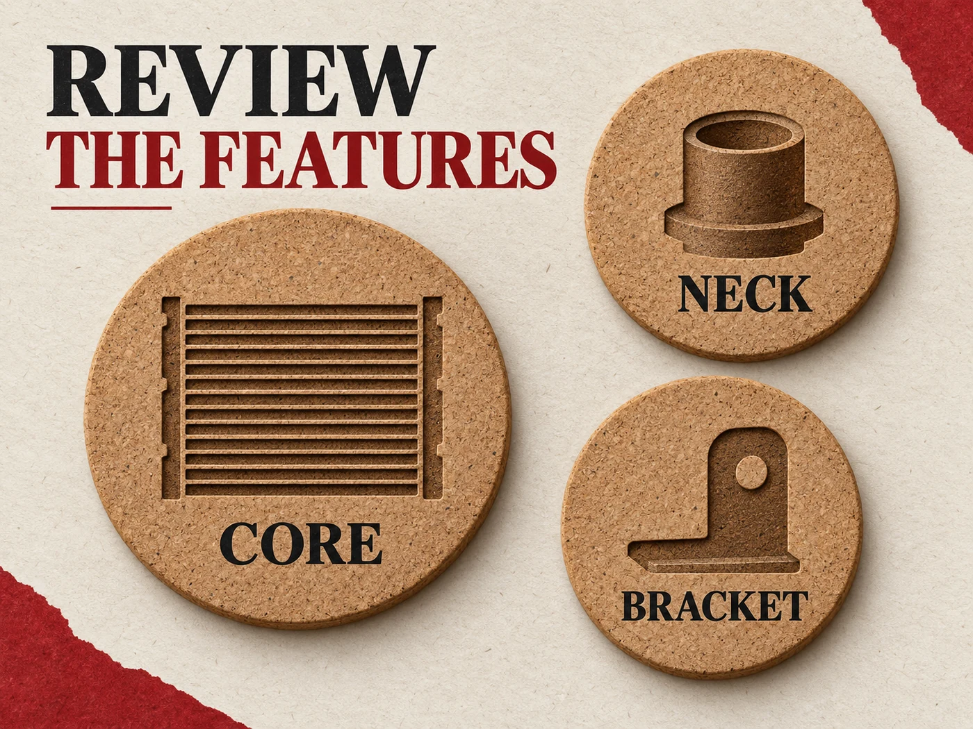 Conceptual cork Core, Neck and Bracket record plaques without a validated support design.