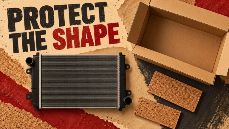 Conceptual automotive radiator silhouette, carton and detached cork record pieces.