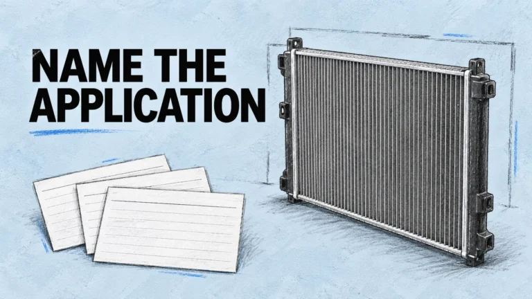 Ice-blue chalk and graphite editorial cover shows a generic radiator, blank cards and NAME THE APPLICATION.