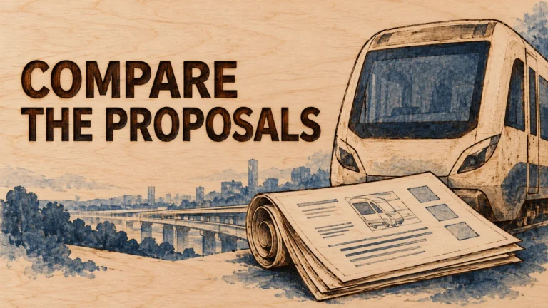 Generic rail-front window silhouette and proposal folio rendered in maple pyrography with Compare the Proposals.