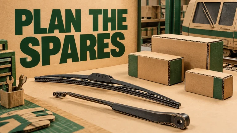 Generic detached wiper forms and blank spare cartons in a corrugated cardboard diorama with the words Plan the Spares.