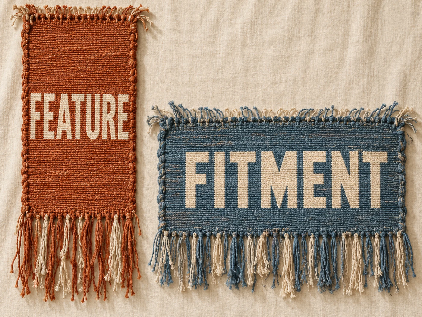 Terracotta and blue editorial tapestry panels labelled FEATURE and FITMENT, showing two separate confirmation questions without a technical circuit.