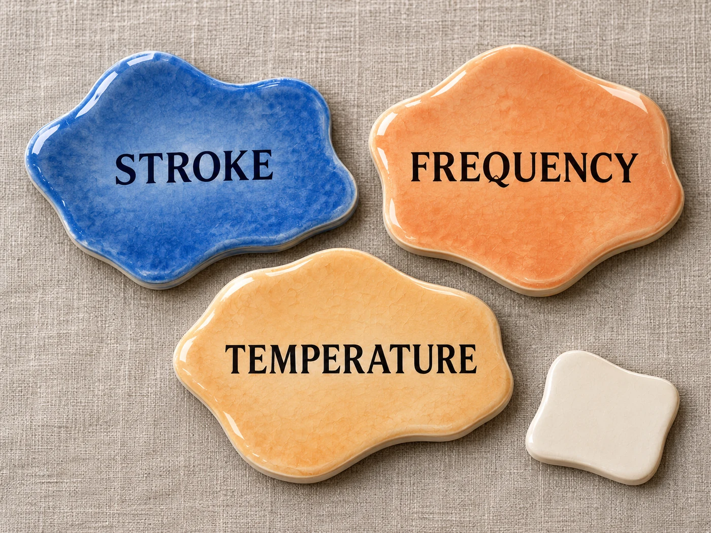 Blue and apricot porcelain tiles on linen read Stroke, Frequency and Temperature.