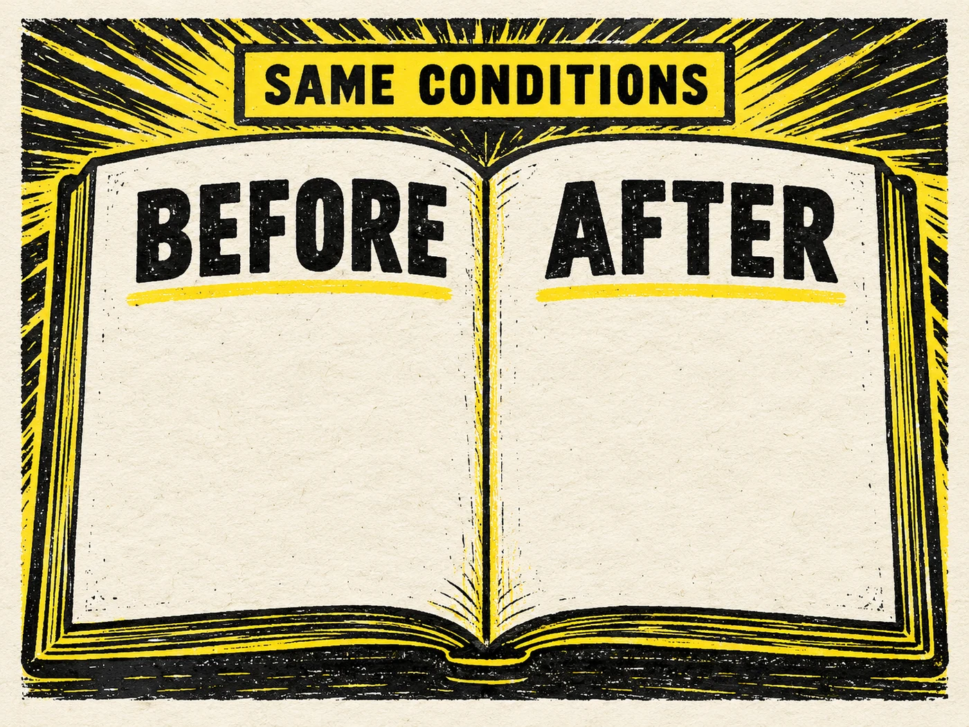 Black and lemon woodblock document folio reads Before, After and Same Conditions.