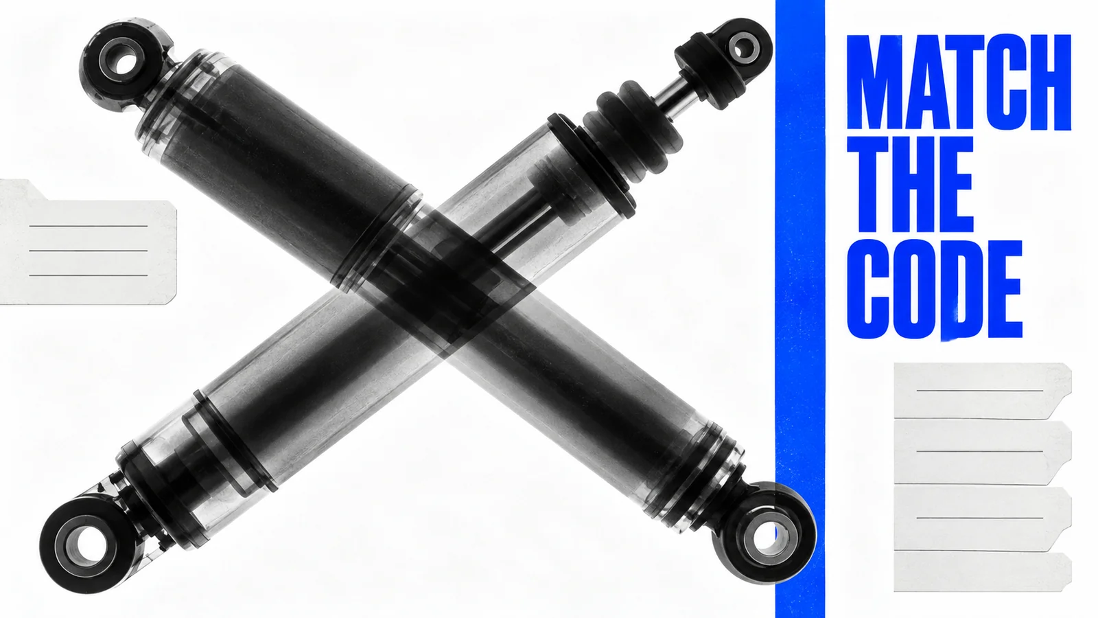 Two generic shock absorbers arranged in a black-and-white photogram with a cobalt stripe and Match the Code lettering.