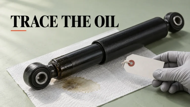 Generic black shock on a pale-sage inspection sheet with an oil mark, blank evidence tag and Trace the Oil lettering.