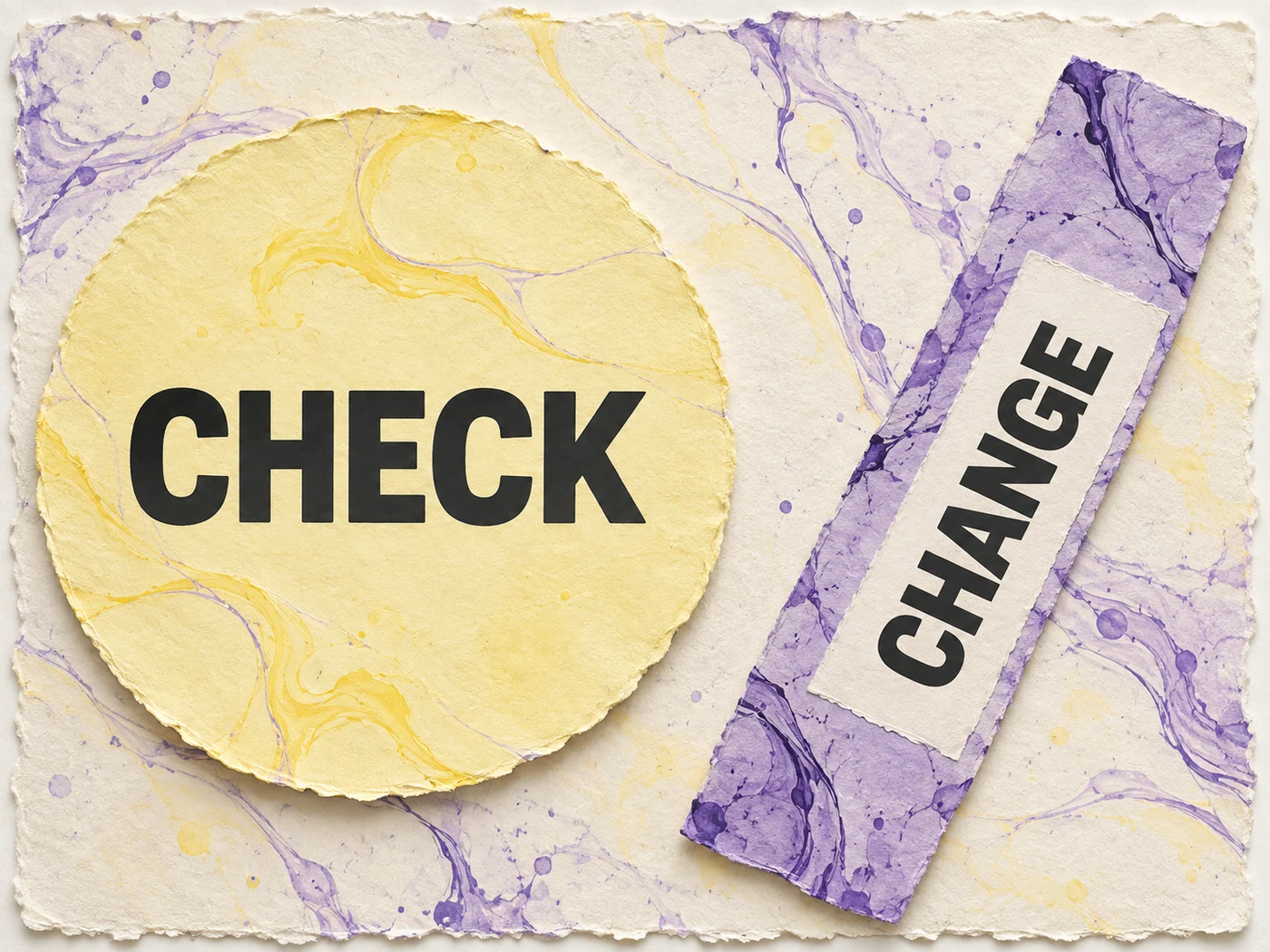 Pale yellow and violet marbled paper editorial forms labelled CHECK and CHANGE, separating inspection questions from adjustment authorization.